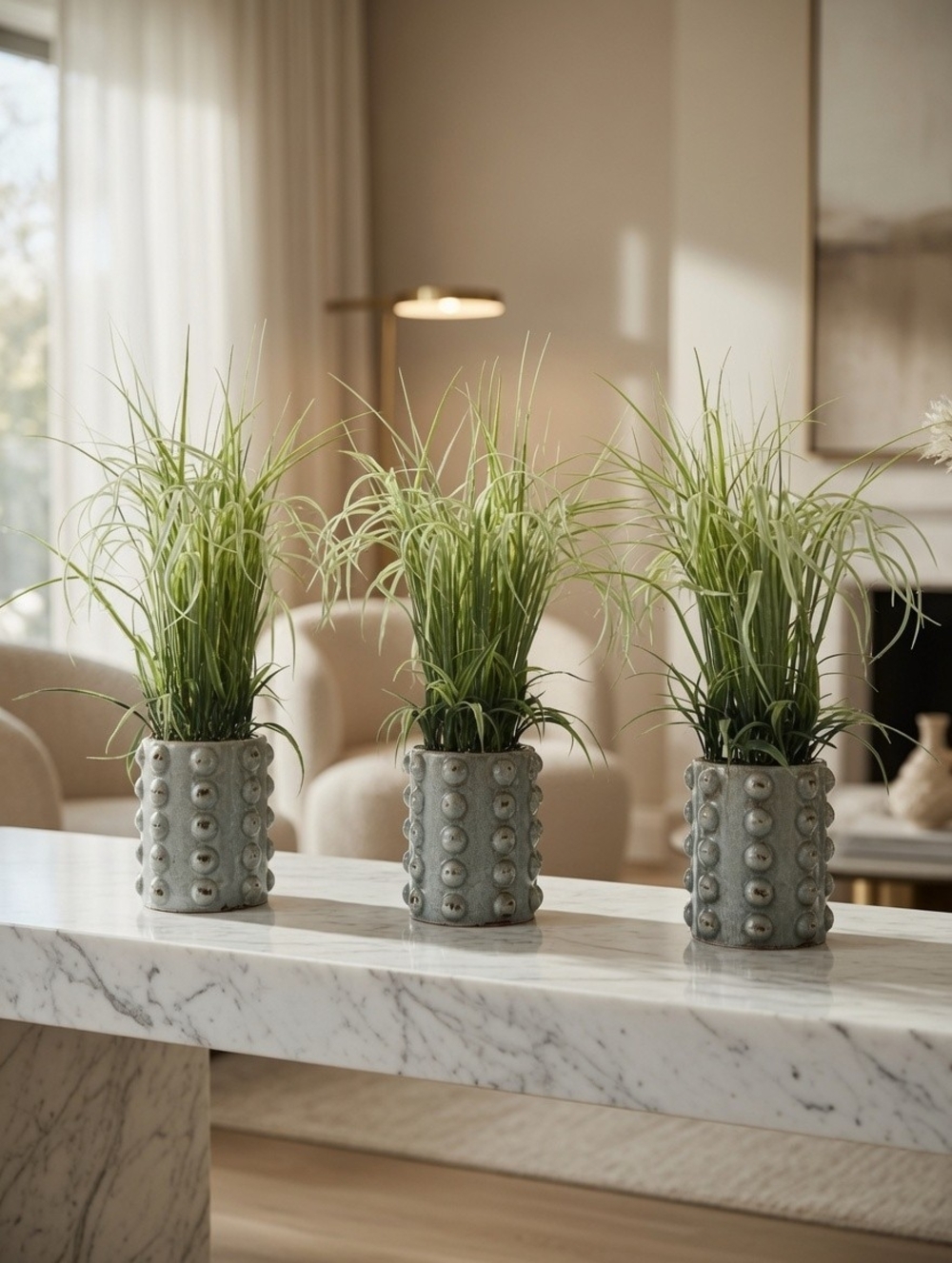 Artificial Grass Houseplant Arrangement Ribbed Textured Ceramic Pot Planter VG - Picture 5 of 7